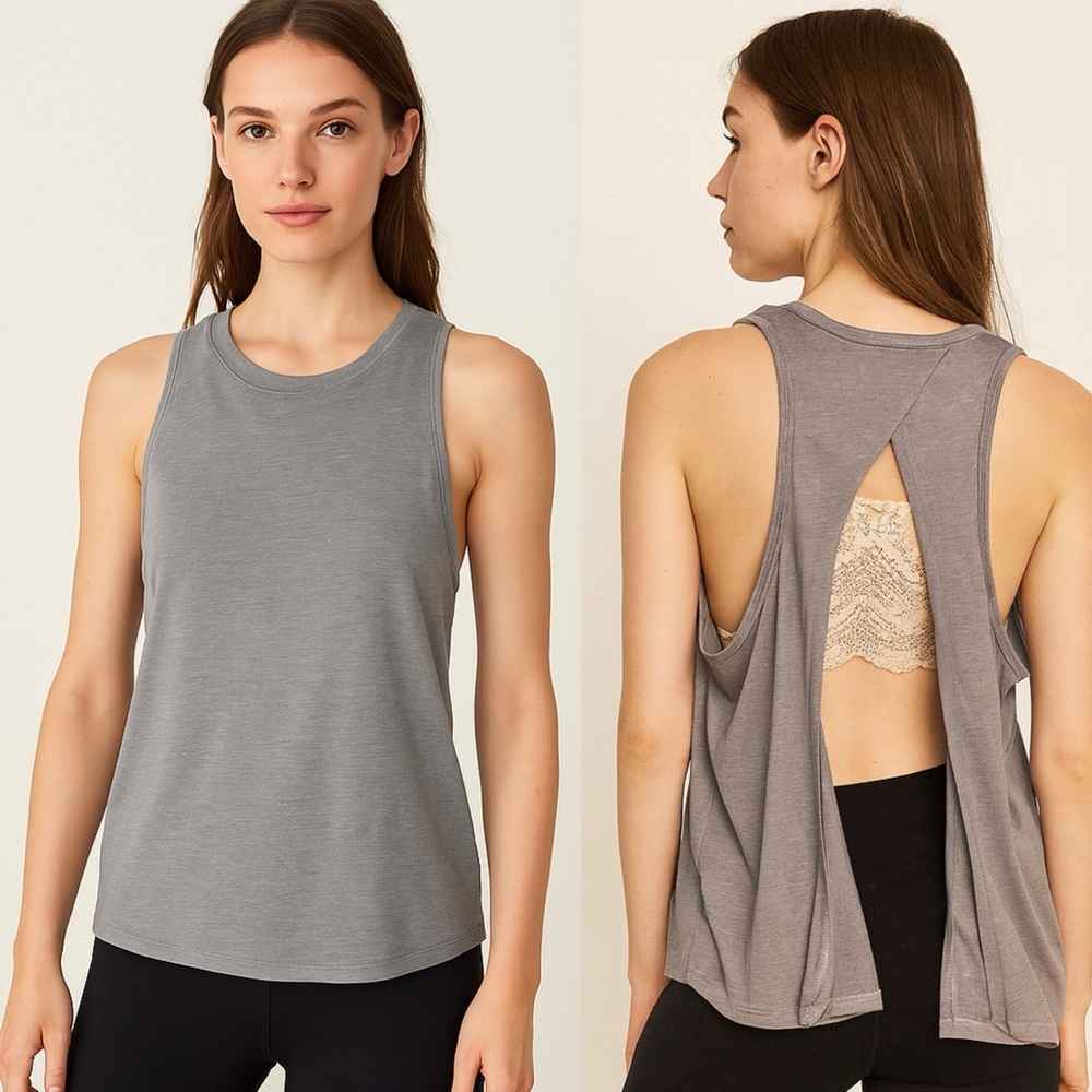 Victoria Sport Gray Open Cross Back Muscle Tank Top Size M Soft Lightweight Gym